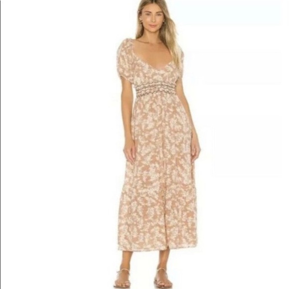 Free People Dresses & Skirts - Free People Neutral Ellie Floral Printed Puffed Sleeve V Neck Casual Maxi Dress